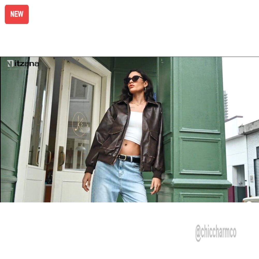 Oversized Faux Leather Bomber Jacket, Zip Up Motorcycle Style, Fall Outerwear - Picture 7 of 7
